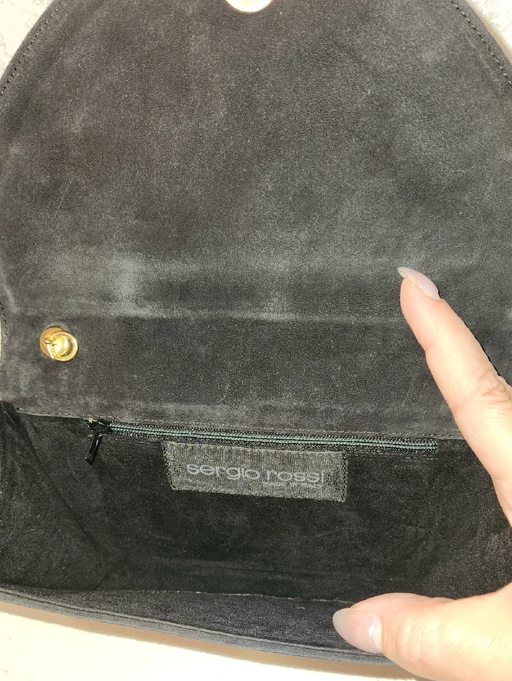SERGIO ROSSI VTG Suede Clutch Black w/ Gold Embroidery Vintage Italian Luxury
